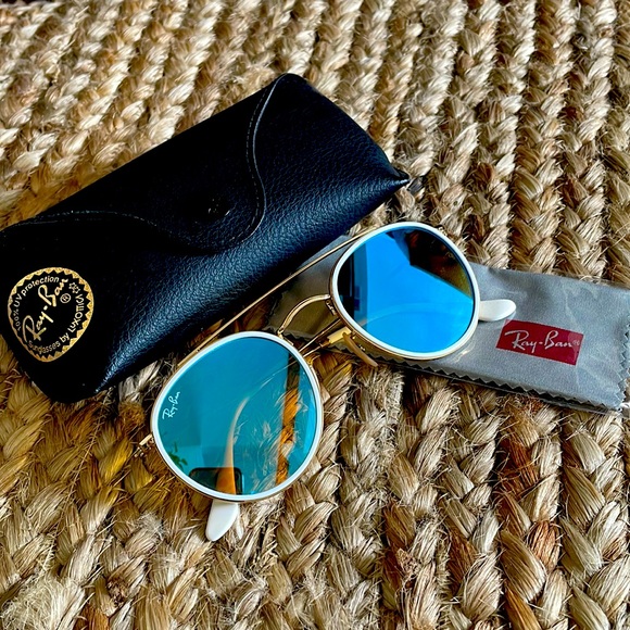 Selling gold and white round frame with blue lens Ray-Bans. Worn one time. - Picture 1 of 1